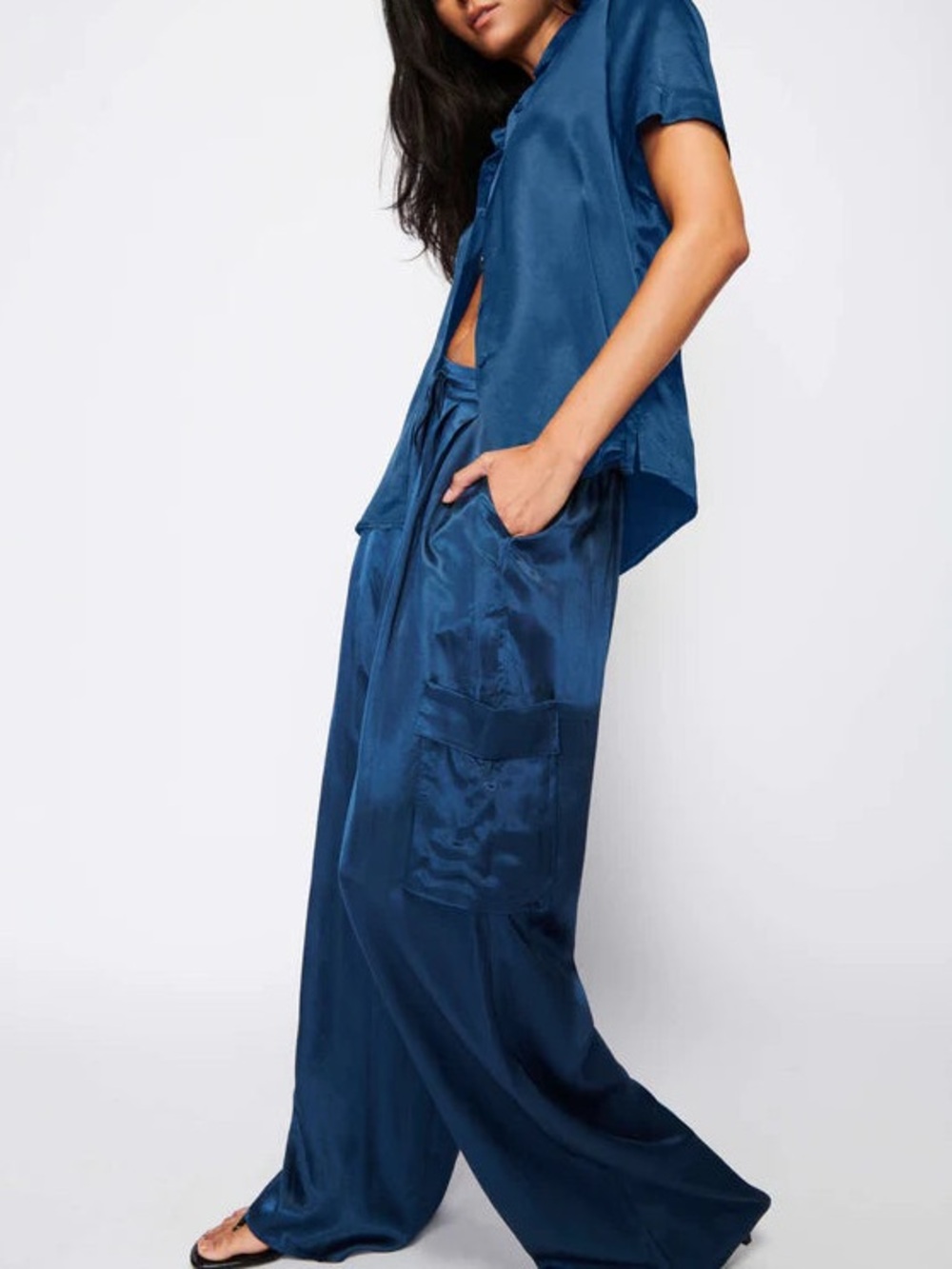 NWT Nation Wide Leg Satin Cargo Pants Matching Button up Blouse Luxe Loungewear